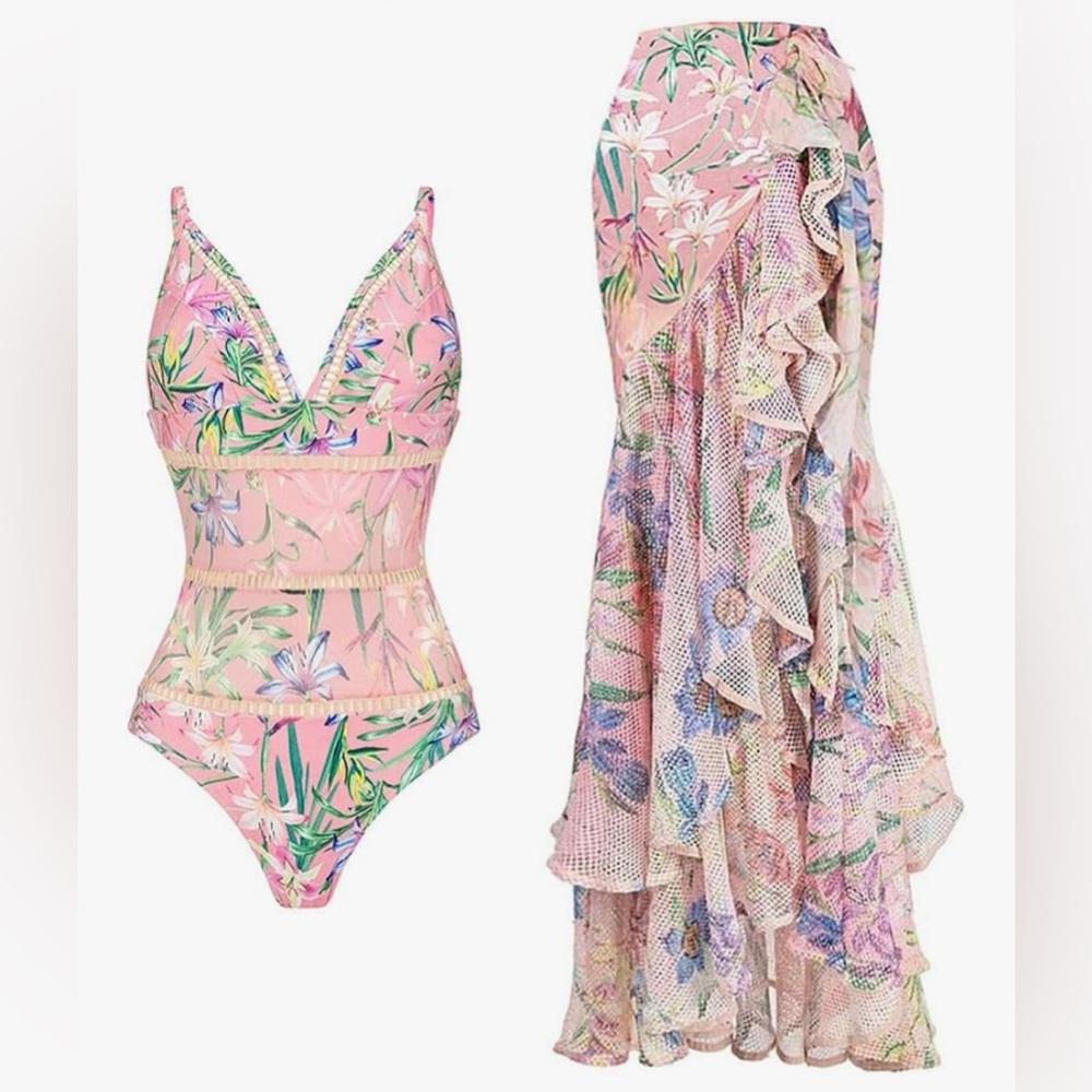 Sz S IDOPIP 2pc swimsuit bathing suit and wrap skirt floral spaghetti strap NWT